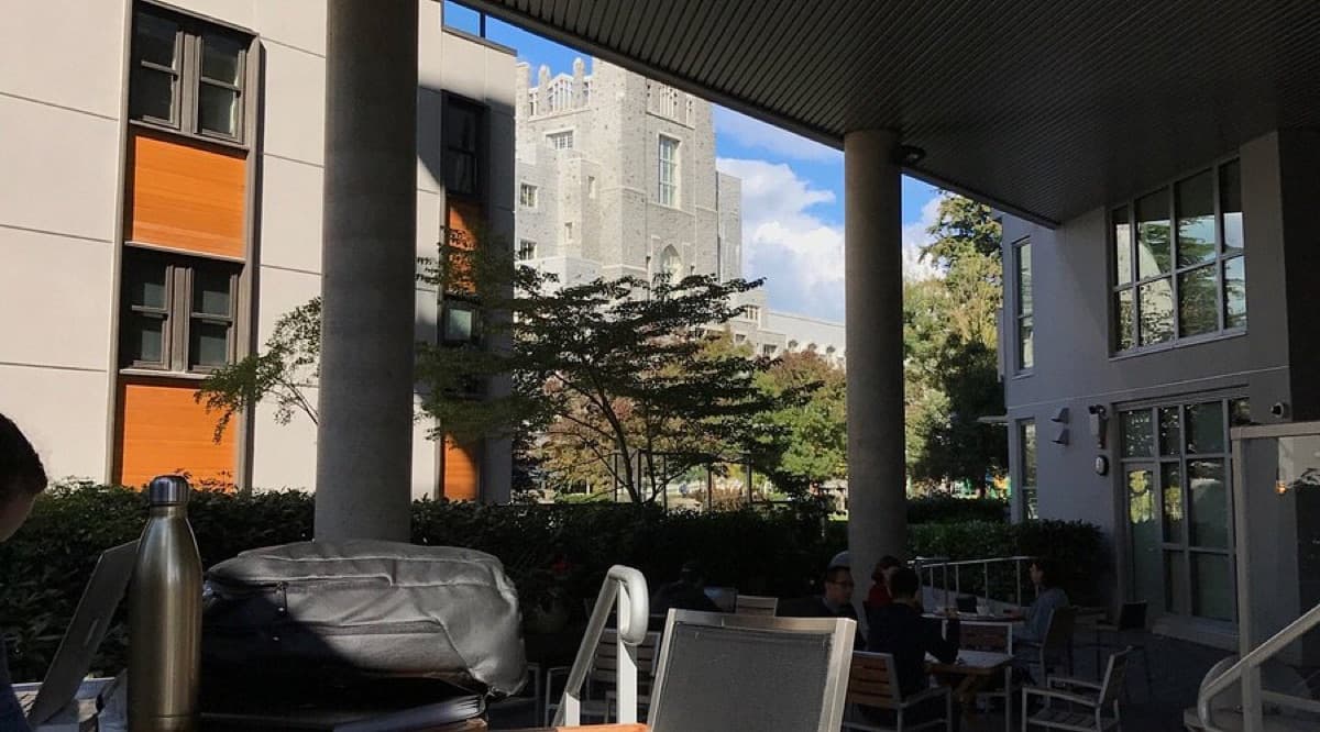 View from the covered patio toward campus